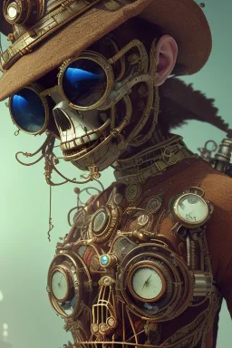 steampunk , gaspunk skeletion cowbow,post-apocalytic setting, volumetric lighting, particals, intricate detail,realistc, close up