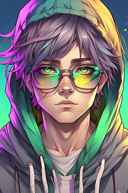 Anime man with glasses, messy rainbow hair, wearing a hooded sweatshirt, realistic