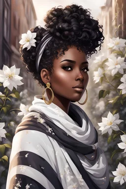 create an urban culture art image of a black curvy female looking to the side with a curly messy bun in a wrapped hair scarf. prominent make up with hazel eyes. 2k Highly detailed hair. Background of white clematis flowers surrounding her, full body