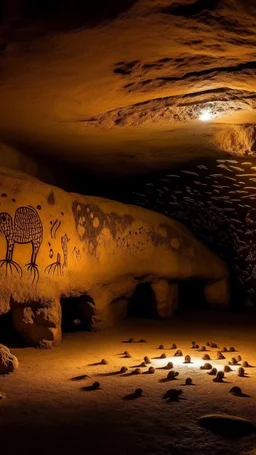 A tan cavern with moles designed in native American petroglyphs