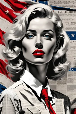 Fresco mixed with realism and pop art with pops of blue white and red, close - up of a gorgeous blond woman in collared oxford dress with red lipstick is on the top of an old newspaper and American flag, in the style of black and white intimacy, mike deodato, jan frans van bloemen, slender body, gentle lyricism, lush and detailed, tenebrism - inspired, emotional distortion, anton fadeev, lauren faust, close up, léon bakst, --ar 1:2 --stylize 625