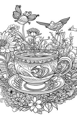 Outline art for coloring page, AVANT GARDE DRAWING TEACUP SET IN A GARDEN, coloring page, white background, Sketch style, only use outline, clean line art, white background, no shadows, no shading, no color, clear