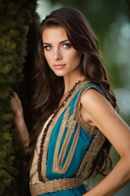 Portrait of a pretty18 year old girl with long wavy chocolate brown hair over her left shoulder. Blue eyes. wearing a vest