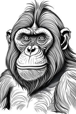 a orangutan, cartoon coloring page for kids, cartoon style, clean line art high detailed, no background, white, black, coloring book, sketch book, realistic sketch, free lines,on paper, character sheet, 8k
