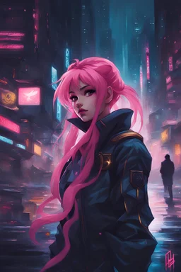 sailor moon with pink hair in a cyberpunk city, stunning anime art by artgerm, Oil on canvas in the style of JBC Corot, Yoshikata Amano, Andy Kehoe, Ismail Inceoglu, Russ Mills, Victo Ngai, Bella Kotak, noir, by charlie bowater and dan mumford and trevor Brown, heavy shadows, dark tones, city background, noir, gloomy, dark, neo-noir cyberpunk city, intricate, elegant, highly detailed, devil-armor, 2D motifs detailed dark fantasy digital painting, artstation, concept art, smooth, sharp focus, ill