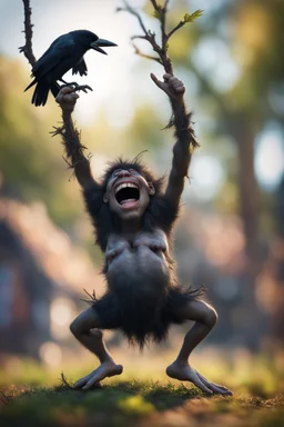 twig troll catching holding crow upside down laughing,bokeh like f/0.8, tilt-shift lens 8k, high detail, smooth render, down-light, unreal engine, prize winning