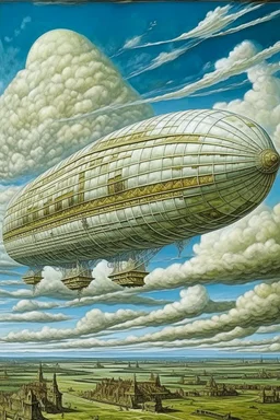 A white airship with bombs in the cloudy sky designed in ancient Greek mosaics painted by Vincent van Gogh