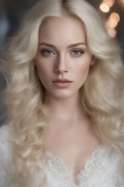 Photorealistic and detailed portrait: 19 year-old albino amina ependieva. heterochromia like amina ependievas eyes ghostly blonde hair in long, luxurious wispy waves ghostly blonde eyebrows ghostly blonde eyelashes buxom, tight cleavage luscious lips white edwardian blouse, lace dress fairy lights, perfect airbrush, realistic eyes, intricate stunning highly detailed photo of a girl by amina arsakova.