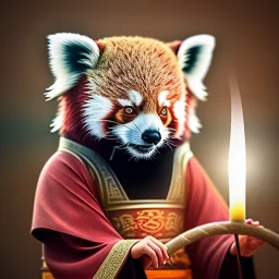 a cute litte red panda wearing Hanfu, holding a large candle, BK complex detail, cinema, reality, detail, octane rendering, stoic cinematic 4k epic detailed photograph shot on kodak detailed bokeh cinematic hbo dark moody 8k, 85mm f/16 by leica