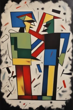 “The angry fighting couple” Pop surrealism painting in the Suprematism style interpreted by Picasso scribbles and markings artfully placed throughout the image