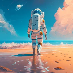 An astronaut walking on the beach of a beautiful sea, digital art, anime style, 4k, full details, high resolution