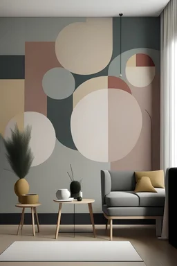 Create handpainted wall mural Create handpainted wall mural with a balanced composition of circles and rectangles, embracing the simplicity and elegance of Suprematism. Use muted tones for a sophisticated look.