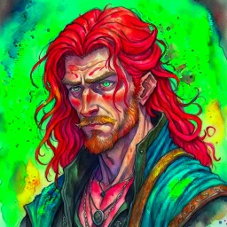 dnd, fantasy, watercolour, large strokes, stylistic, portrait, illustration, dull colours, male, face, narrow long face, weathered face, green eyes, determined, smiling, red hair, very long hair streaming down the shoulders, radiating light, five o'clock shadow