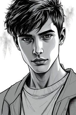 detailed manual graphic art style, youth man portrait, teenager, high detailed face, solitary vibe, modern clothes, short messy hair , atmospheric, detailed linework, highly detailed drawing, modern vibe, artwork, grayscale, no photorealism