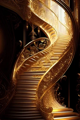 A majestic staircase, intricately designed, glistens with the brilliance of golden crystals, symbolizing profound spiritual enlightenment.