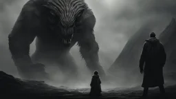 The described image presents an extremely horrifying scene with grayscale colors dominating the picture, creating a dark and eerie atmosphere. In this context, there is a massive, monstrous creature positioned prominently in the foreground of the image. This monster appears to be mythical and intensely frightening, characterized by its terrifying features and its colossal, imposing body that exudes immense power. When one looks at this monster, its face and eyes exhibit horrifying details, seem