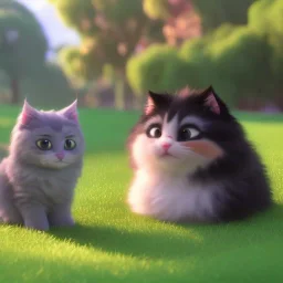 a fluffy kitten and a fluffy dog sitting together at a park