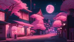 Cute pink-aesthetic anime town at night