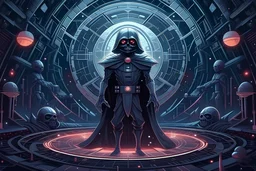 happy full-body illustration of a delicate translucent nocturnal alien sith lord, large detailed eyes with illuminated slit pupils. In the Death Star space hall in second death star with few Tie Fighters and space ships ready to lunch and a view to a star wars planet