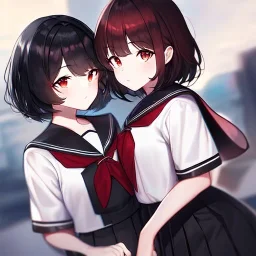 Clear focus, High resolution, fluffy black short hair, dark red eyes, wearing a black and red sailor uniform and pleated black skirt, fluffy hair, detailed outfit, wearing red eyelashes