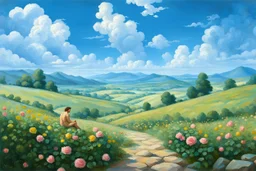 a handsome, fat man with a well-groomed, bearded face and long, curly hair. He is sitting naked on a rock, surrounded by a picturesque valley adorned with pink and yellow rose flowers. The spring sky above is adorned with breathtakingly beautiful clouds. like oil paintings 19th century