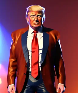 Portrait, Wrestler Donald trump, wrestling, red breeches, suspenders, retro style, 80s, hot ambient, photo studio, vibrant color, gradient, highly detailed, art stations, concept art, smooth, unreal engine 5, god rays, ray tracing, RTX, lumen lighting, ultra detail, volumetric lighting, 3d, finely drawn, high definition, high resolution.