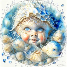 Beautiful happy seashell child with intense blue eyes, fish scales, fantasy, portrait, seafruits, starfish, shells, net, bubbles,.Jean-Baptiste Monge style, 3D, optical illusion, surreal, a masterpiece, razor-sharp focus, dynamic lighting, watercolour and ink no text, no watermark Modifiers: beautiful high detail fantastic view close up colourful