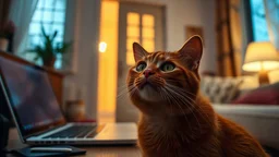 A red cat stares fearfully at the portal, an evening in a cosy room next to a laptop, a cinematic lens