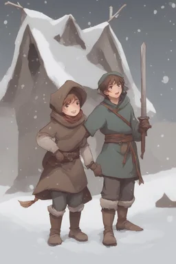 DnD style, two medieval peasant kids playing in the snow, female age 14 and male age 15, happy and playful, he has a short sword.