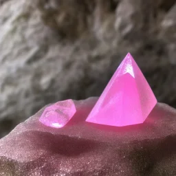 single pink crystal, on an altar in a foggy cave