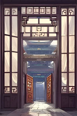 yelan looking out window from inside ancient chinese style building, outside raining