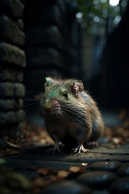 underground grove, with bricks and stones, portrait of a ghost rat with pale, ethereal features with long hair that seems to shimmer. She dresses in flowing, dark-colored clothing that accentuates her mysterious aura. photo-realistic, shot on Hasselblad h6d-400c, zeiss prime lens, bokeh like f/0.8, tilt-shift lens 8k, high detail, smooth render, down-light, unreal engine 5, cinema 4d, HDR, dust effect, vivid colors, smoke