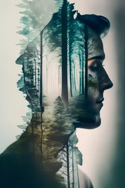 A contemplative, double-exposure portrait of an individual superimposed with an image of a serene forest, seamlessly blending the two images together to create a visual representation of the person's deep connection with nature.