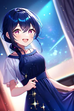 girl, masterpiece, best quality, cinematic lighting, detailed outfit, vibrant colors, perfect eyes, dark blue hair, pink eyes, long hair, low ponytail, dark blue dress, sparkle, depth of field, indoors, god rays, glowing light, ray tracing, laughing,