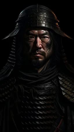 medieval portrait of a samurai warrior wearing black chainmail armor and a cloak sharp features, grim, cold stare, dark colors, winds of winter, Volumetric lighting, realist portrait by Rembrandt, dynamic lighting hyperdetailed intricately detailed