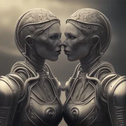 two viking girls kissing each other, hr giger, scary, steam punk, realistic, made in octane, cinematic, ultra-realistic, extremely detailed octane rendering, 8K, VRAY Super Real ar 2:3, dof photorealistic futuristic 50mm lens hard lighting dark gray tintype photograph, realistic lighting, sepia color