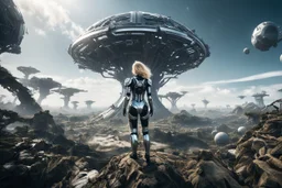 Wide angle photo of a slim sci-fi woman with blond hair, wearing a silver and black futuristic spacesuit looking android-like, standing on a derelict alien cloud tree jungle planet