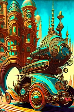 Cars and vehicles, steampunk sci-fi City, Chromolithography, weird, cinematic, psychedelic tableaux art, extremely detailed, high resolution, creative