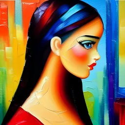 Girl beauty looking at reflection in mirror!! Neo-impressionism expressionist style oil painting :: smooth post-impressionist impasto acrylic painting :: thick layers of colorful textured paint.