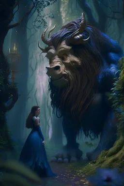 Disney made up Creature like the beauty and the beast standind ina magical forest. magnificent, majestic, Realistic photography, incredibly detailed, ultra high resolution, 8k, complex 3d render, ultra sharp focus, cinema 4d.