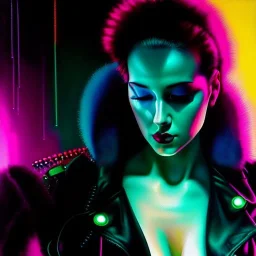 portrait oil on canvas, beautiful punk busty female Cyborg, looking to viewer, sad green eyes, post-apocalyptic in a cyberpunk city,minimal skintight suit, blade runner, comic book cover, mystical colors, neon, insanely detailed,realistic,intrincate detail, 16k resolution, masterpiece, Adam hughes