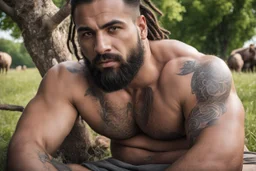 extreme close up of a 28 year old turkish farmer tattoed, sturdy, hairy very muscular beefy, with very short beard ,dreadlocks , big nose, big shoulders , big arms, relaxes sitting leaning against a tree in the middle of a meadow full of pigs, shirtless with ruined old shorts, strong and muscular hairy legs, bare feet, photorealistic bucolic scene, view from the bottom, looking at camera