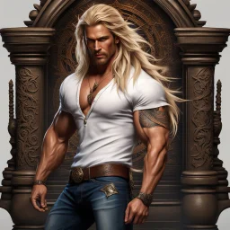 handsome king, muscular, long blonde hair, male age 30, wearing jeans and a white shirt, tan skin, tattoos,photorealistic 4k dark fantasy