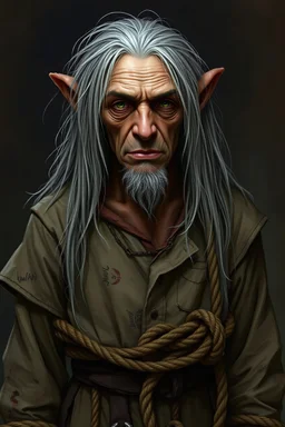 Old elf with long stringy grey hair, stands at only 5'7. Has tattered and damp prison attire with snapped ropes around his wrists.