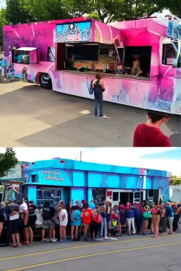 stadium sized crowd waiting in line for awesome looking food truck that has a bunch of bright paint and flashy lights