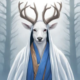 Portrait of a white deer jedi, wearing blue and white robes and a hood