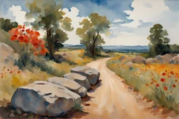 Sunny day, clouds, dirt road, flowers, mountains, big rocks, trees, sci-fi, winslow homer watercolor paintings