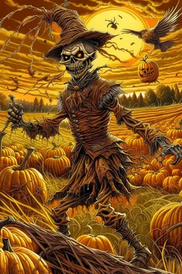 works by Mark Keatley, Josephine Wall, Ellen Jewett, Dan Mumford Cayenne, Victoria Francis. dancing scarecrow with a scary pumpkin head in a field with scarecrows, High Definition HD, High Detail, UHD Pen and Ink Art, Perfect Composition, Detailed Intricacy, Crazy Octane Rendering, Trending on Artstation, 8k Fine Art Photography, Photorealistic Con