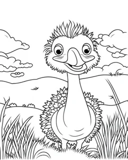 create a 2d black outline, "safari smiling cartoon Ostriche coloring book for toddlers", coloring page, low details design, black contour, coloring page design, simple background, colorful , card style, coloring page for kids, white background, sketch style, safari landscape, cartoon style