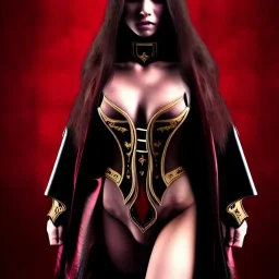 Ultra realistic, beautiful woman, long hair, 8-pack abs, black robe, evil, long nails, dark red and gold leather armour, magic, hung